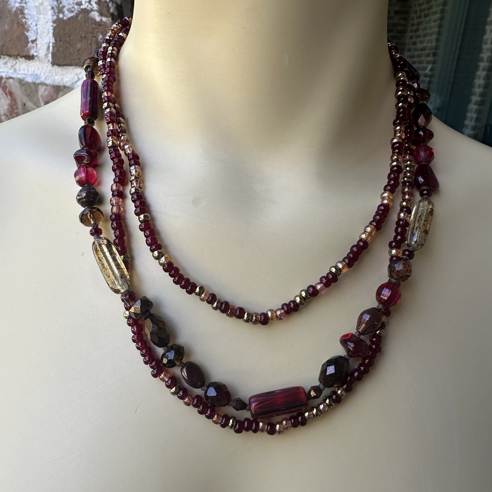 VTG Artisan Beaded Choker Necklace 18 Inch 3 Strands Art Glass Colors Gold Tone